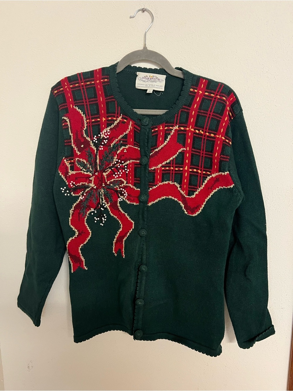 Susan Bristol Green and Red Holiday Bow Cardigan